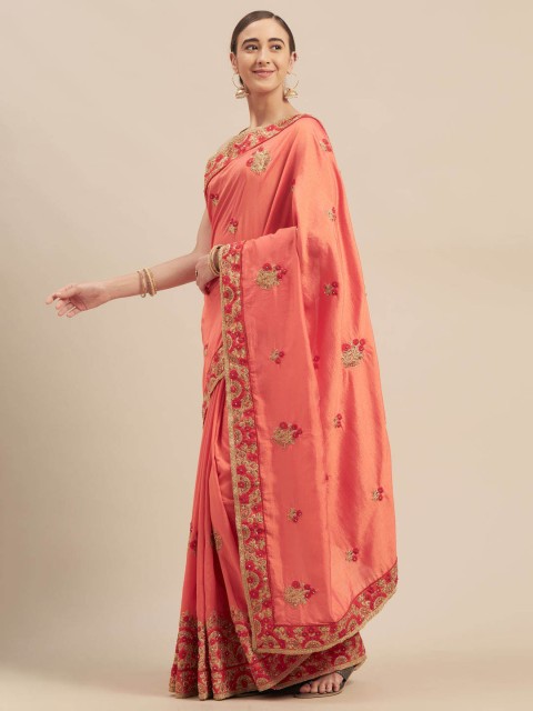 

Indian Women Peach-Coloured Embroidered Poly Silk Saree