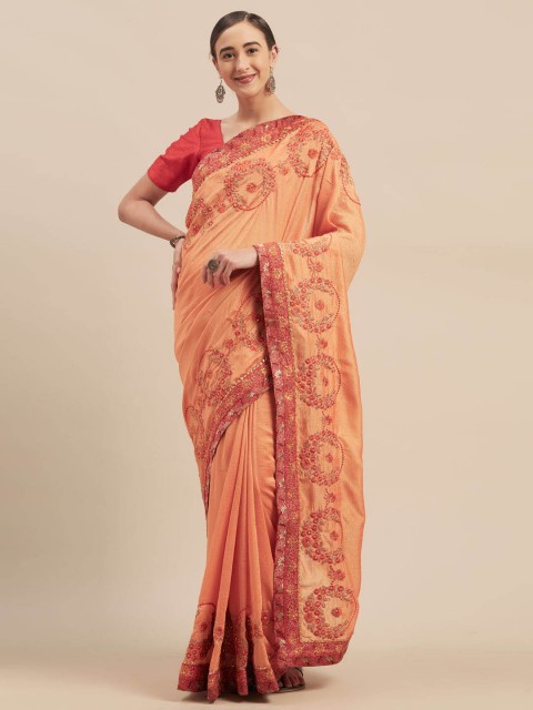 

Indian Women Orange Embroidered Poly Silk Saree