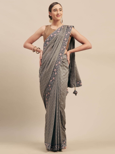 

Indian Women Grey Embroidered Poly Silk Saree