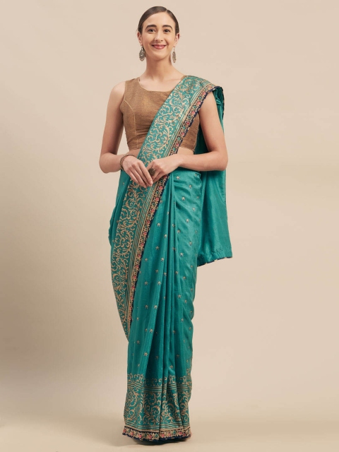 

Indian Women Teal Printed Poly Silk Saree