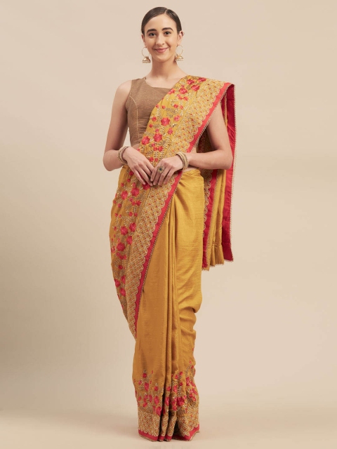 

Indian Women Mustard Yellow Embroidered Poly Silk Saree