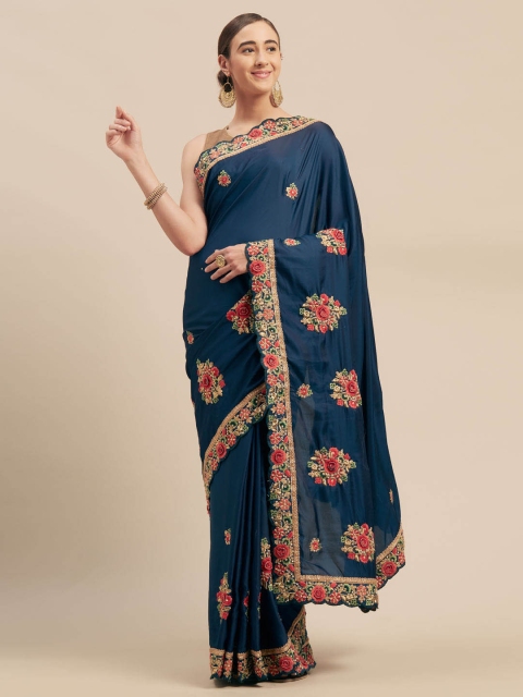 

Indian Women Navy Blue Embroidered Poly Silk Saree