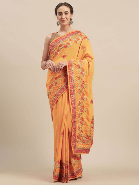

Indian Women Yellow Embroidered Poly Silk Saree