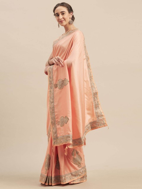 

Indian Women Peach-Coloured Embroidered Poly Silk Saree