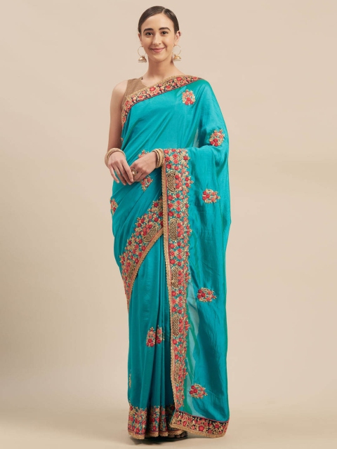 

Indian Women Turquoise Blue Embroidered Poly Silk Saree