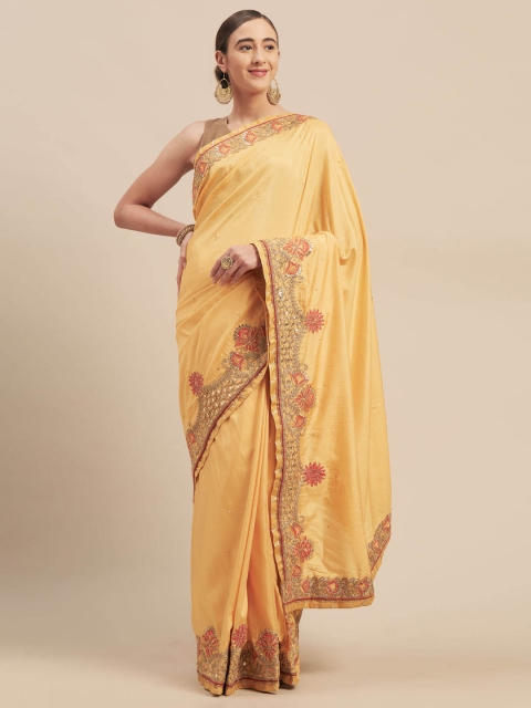 

Indian Women Yellow Embroidered Poly Silk Saree
