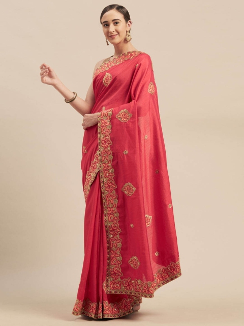 

Indian Women Pink Embroidered Poly Silk Saree