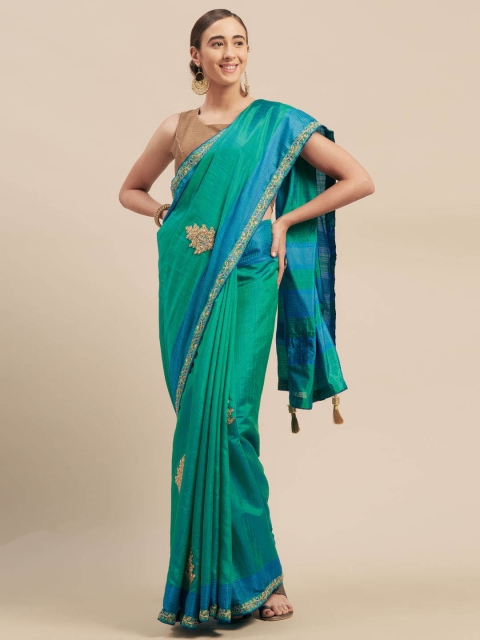 

Indian Women Teal Embroidered Poly Silk Saree