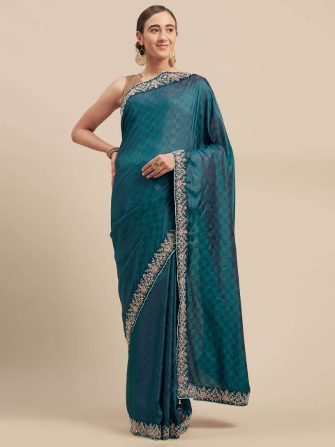 

Indian Women Teal Woven Design Poly Silk Saree