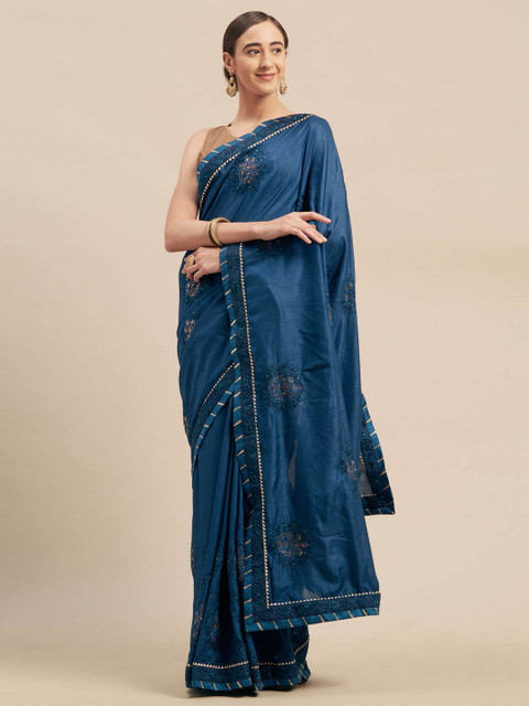 

Indian Women Teal Embroidered Poly Silk Saree