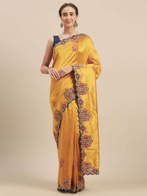 

Indian Women Yellow Embroidered Poly Silk Saree