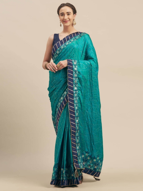 

Indian Women Teal Embellished Poly Silk Saree
