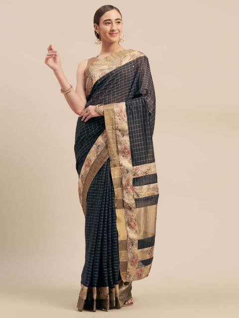 

Indian Women Navy Blue Solid Jute Cotton Saree