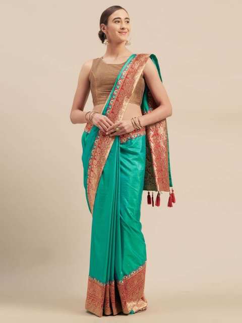 

Indian Women Sea Green Solid Poly Silk Saree