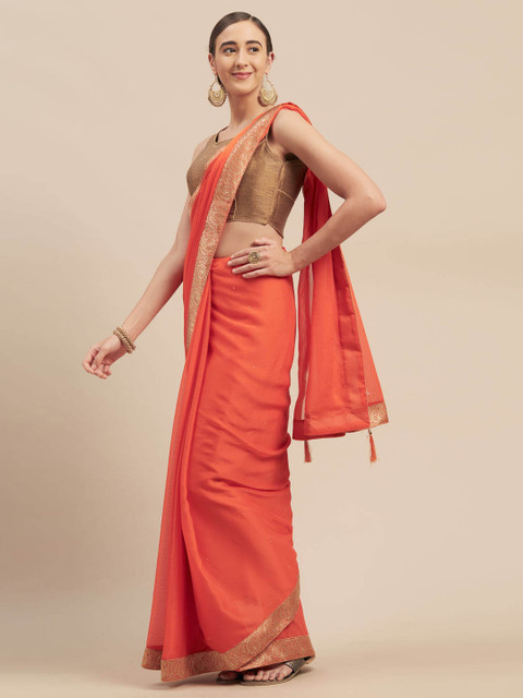 

Indian Women Orange Embellished Poly Chiffon Saree