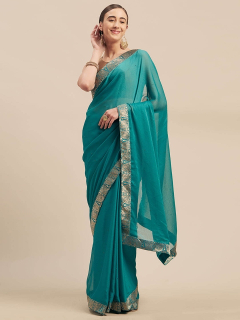 

Indian Women Teal Embellished Poly Chiffon Saree