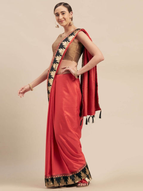 

Indian Women Coral Red Poly Silk Jacquard Pallu Saree