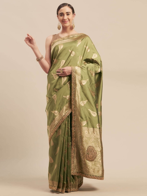 

Indian Women Olive Green Woven Design Silk Blend Banarasi Saree