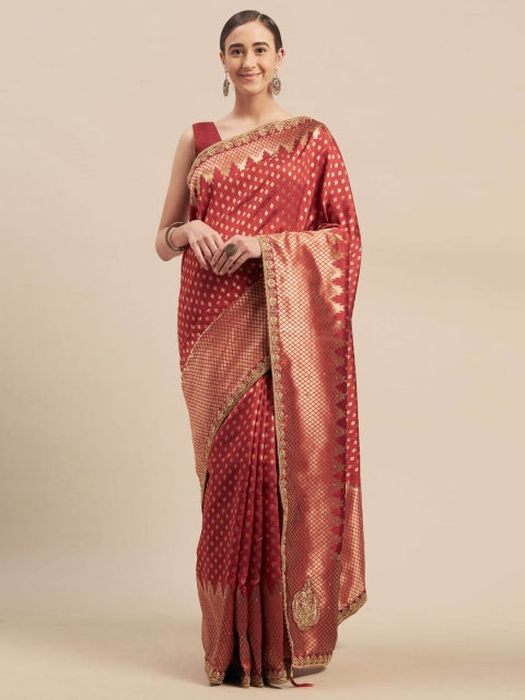 

Indian Women Maroon Silk Blend Woven Design Banarasi Saree