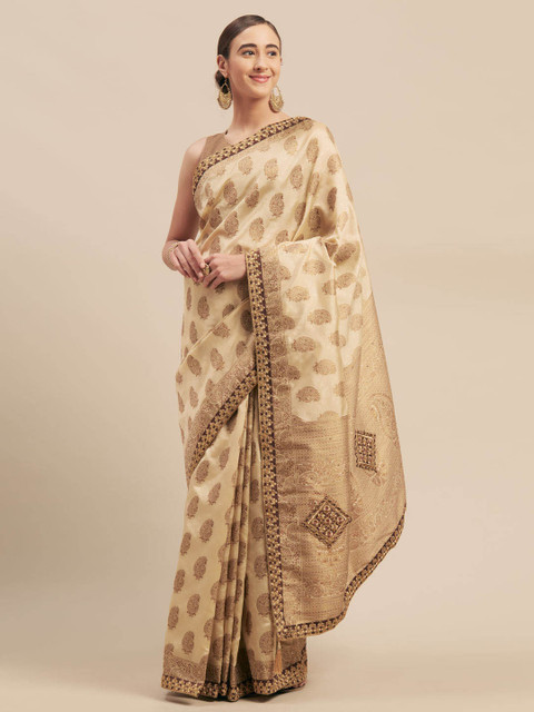 

Indian Women Beige Woven Design Silk Blend Saree