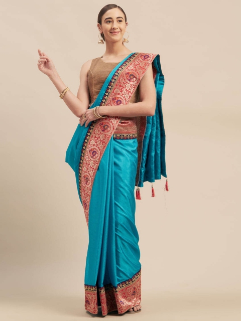 

Indian Women Teal Solid Poly Silk Saree