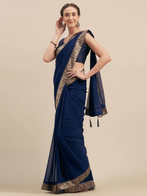 

Indian Women Navy Blue Embellished Poly Chiffon Saree