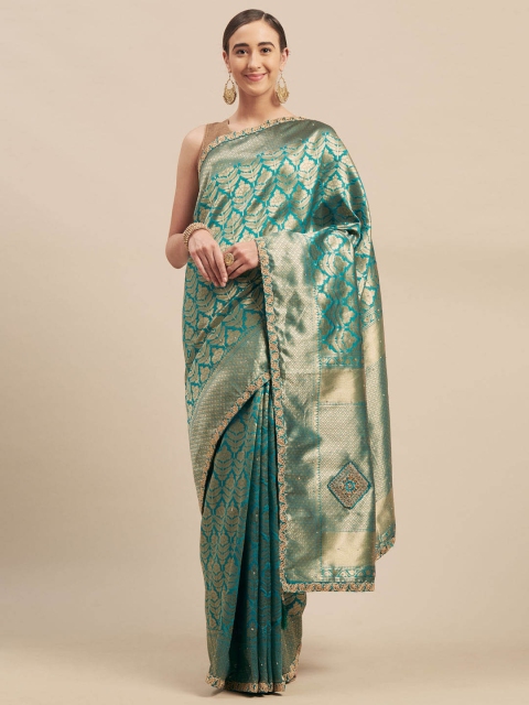 

Indian Women Teal Woven Design Silk Blend Saree