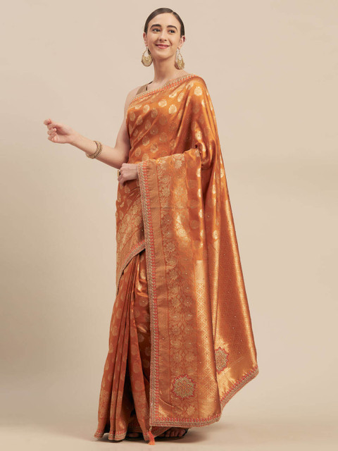 

Indian Women Orange Silk Blend Woven Design Banarasi Saree