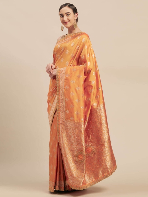Indian Women Mustard Silk Blend Woven Design Banarasi Saree