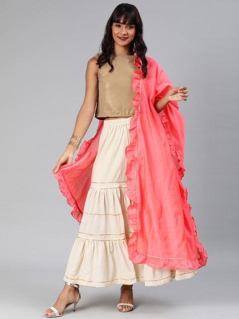 

Inddus Coral Pink Solid Chanderi Dupatta With Ruffled Border