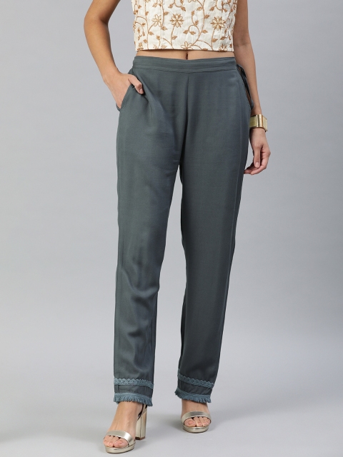 

Inddus Women Grey Regular Fit Solid Regular Rayon Crochet Lace Trousers