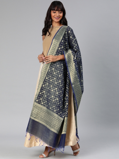 

Inddus Navy Blue & Gold-Toned Silk Blend Banarasi Woven Dupatta