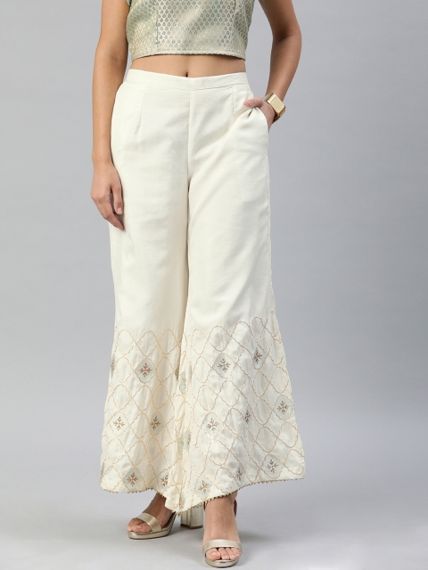

Inddus Women White & Golden Sequinned Wide Leg Palazzos