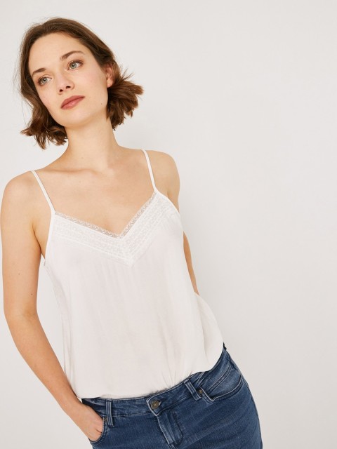 

promod Women White Solid Lace Inserted Top