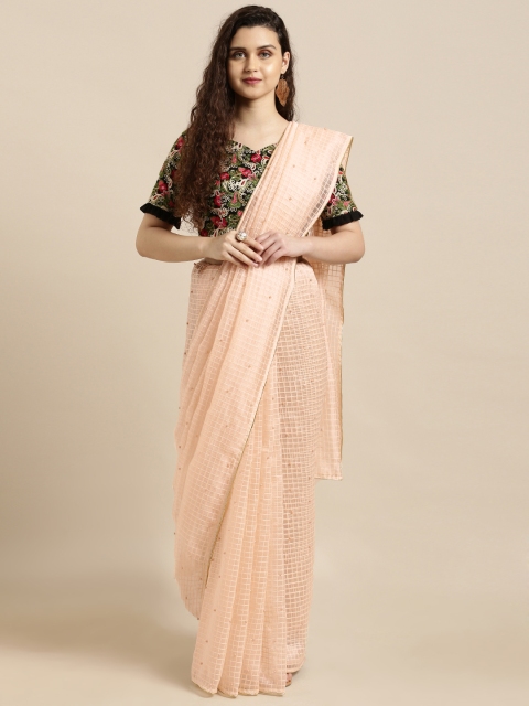 

Amabelle Bridals Peach-Coloured Checked Polycotton Saree With Embellishments