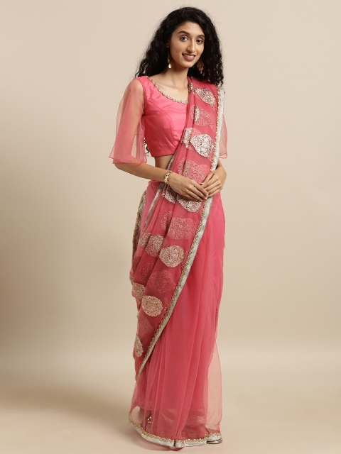 

Amabelle Bridals Pink & Gold-Toned Net Embroidered Saree