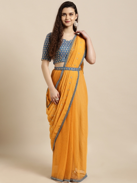 

Amabelle Bridals Mustard Yellow & Blue Poly Georgette Embellished Saree