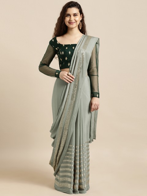 

Amabelle Bridals Grey & Gold-Toned Poly Georgette Embellished Saree