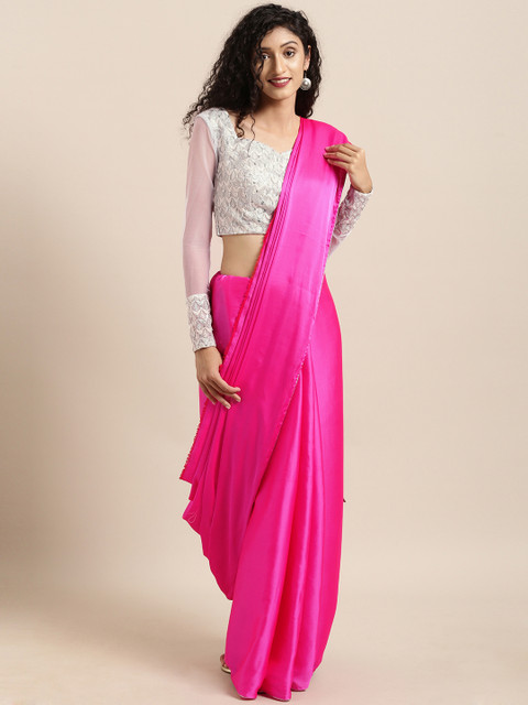 

Amabelle Bridals Pink Solid Ready To Wear Saree With White and Silver Embroidered Blouse, Fuchsia
