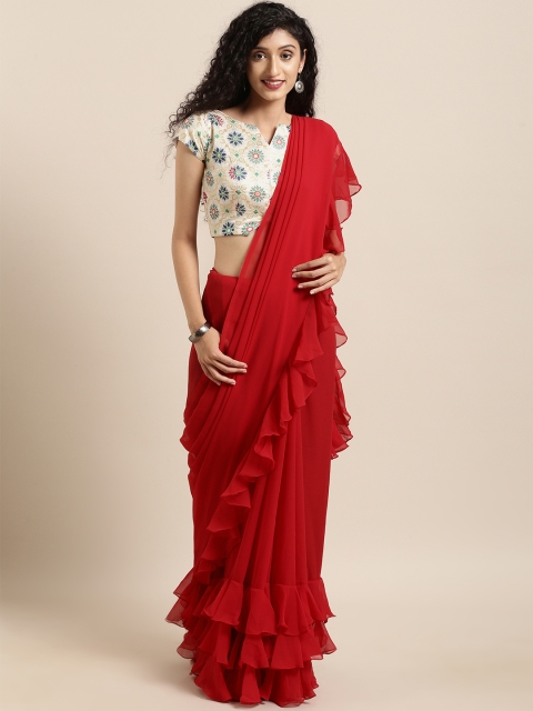 

Amabelle Bridals Red Solid Poly Georgette Ruffled Saree
