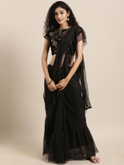 

Amabelle Bridals Black Solid Net Saree With Stitched Blouse