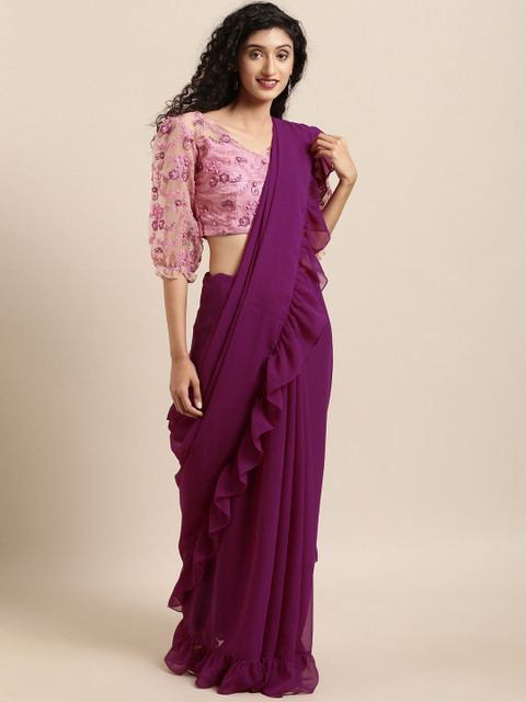 

Amabelle Bridals Purple Solid Poly Georgette Ruffled Saree
