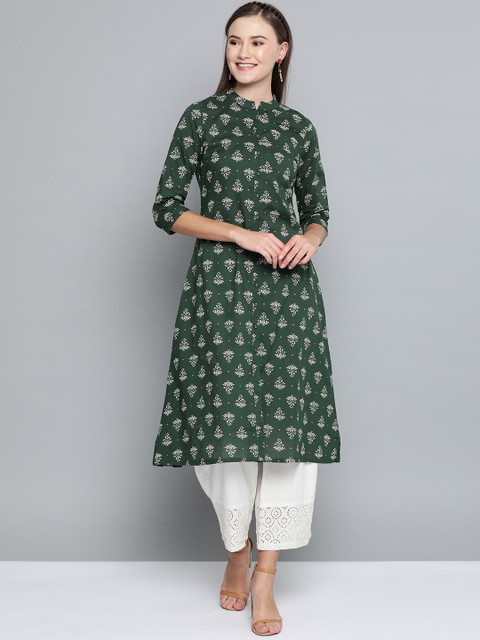 

HERE&NOW Women Green & Off-White Printed A-Line Kurta