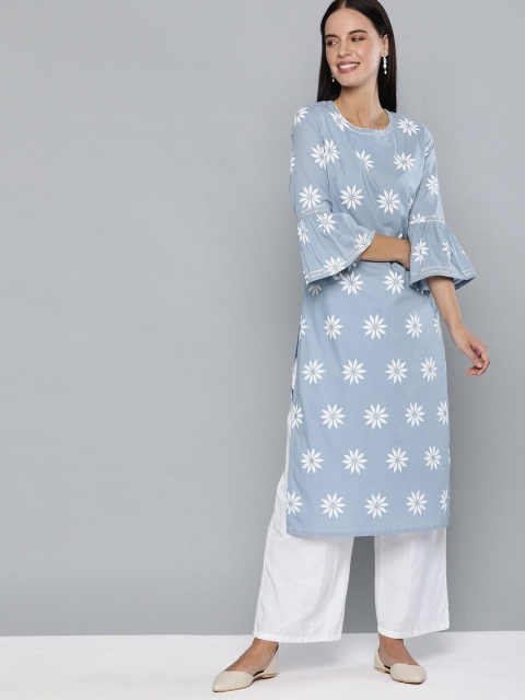 

HERE&NOW Women Blue & White Floral Print Straight Kurta