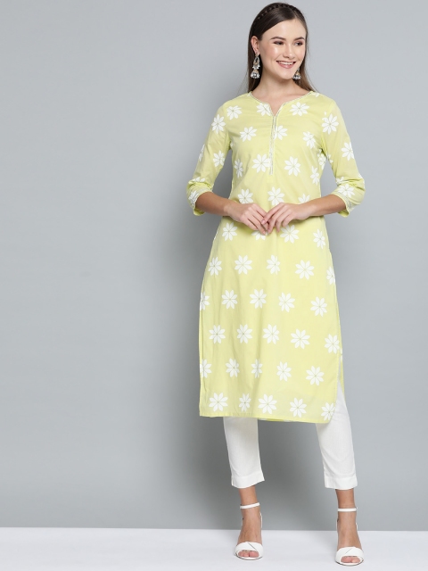 

HERE&NOW Women Lime Green & Off-White Floral Print Straight Kurta