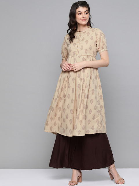 

HERE&NOW Women Beige & Brown Printed A-Line Kurta