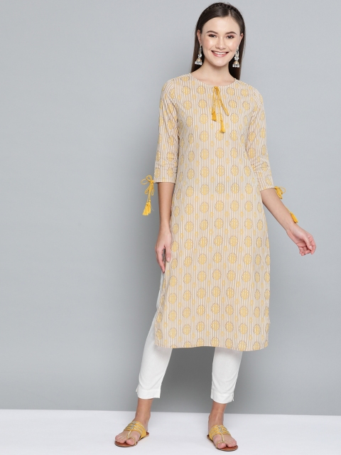 

HERE&NOW Women Beige & Mustard Yellow Printed Straight Kurta
