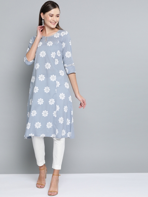 

HERE&NOW Women Blue & White Floral Print A-Line Kurta
