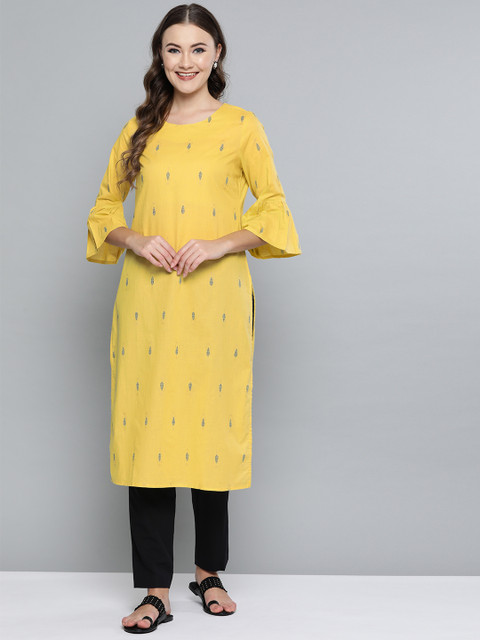 

HERE&NOW Women Mustard Yellow & Navy Blue Printed Straight Kurta