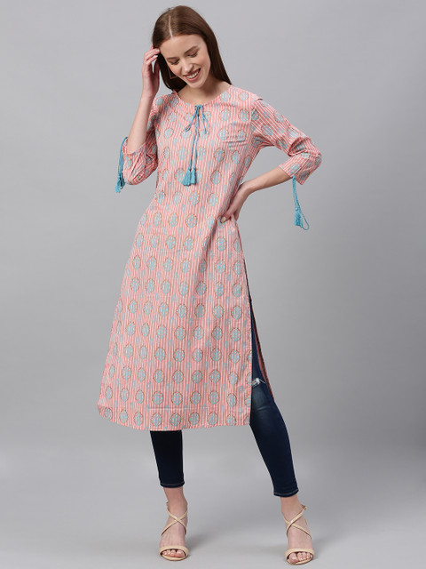

HERE&NOW Women Pink & Blue Printed Straight Kurta